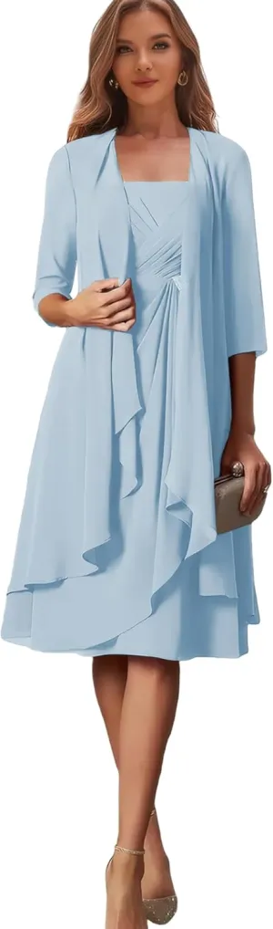 2 Piece Light Blue Mother of The Groom Dresses Plus Size Chiffon Formal Dress for Women Short Evening Gowns US 16