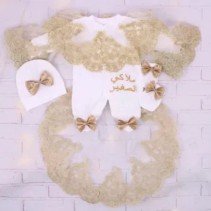 3pcs Elegant Luxury Lace Baby Girl Outfit -White/Gold