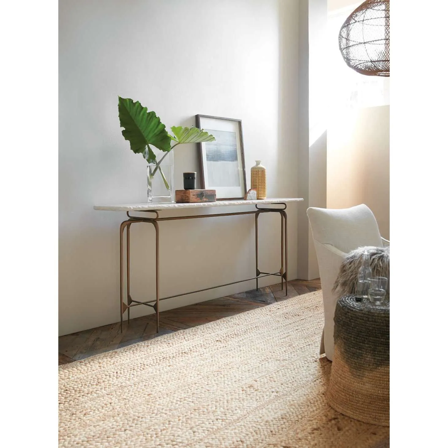 5633-85 Transitional Marble Console Table with Dark Bronze Iron Base – Stylish Accent for Any Room