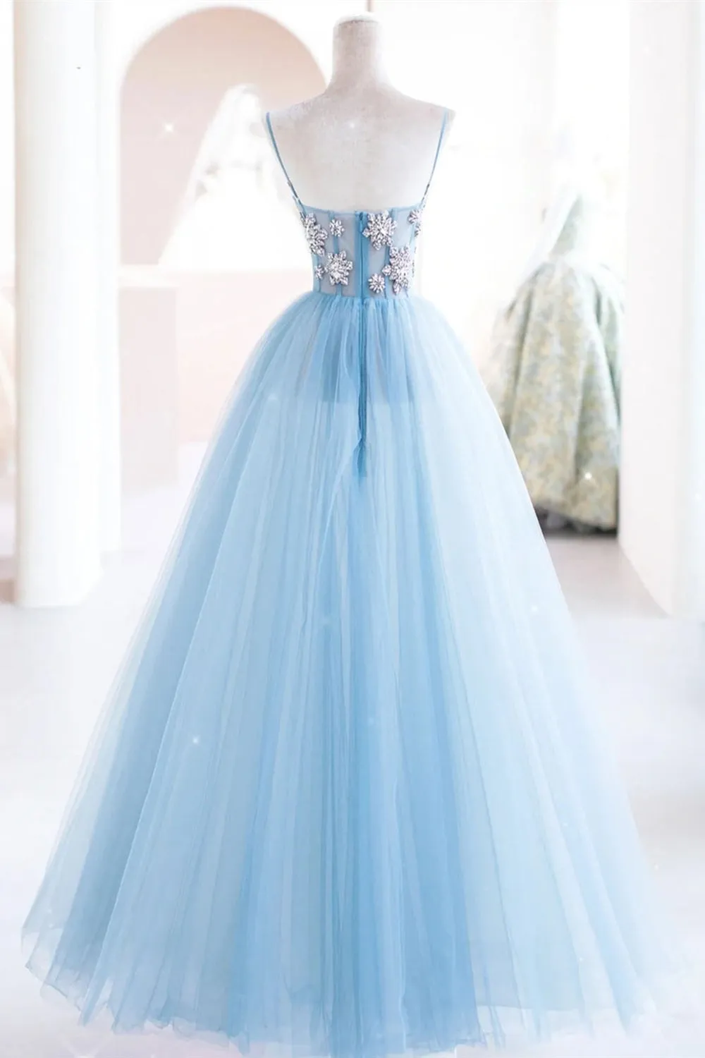 A Line Open Back Light Blue Tulle Long Prom Dresses with Beaded Flowers, Beaded Light Blue Tulle Formal Evening Dresses