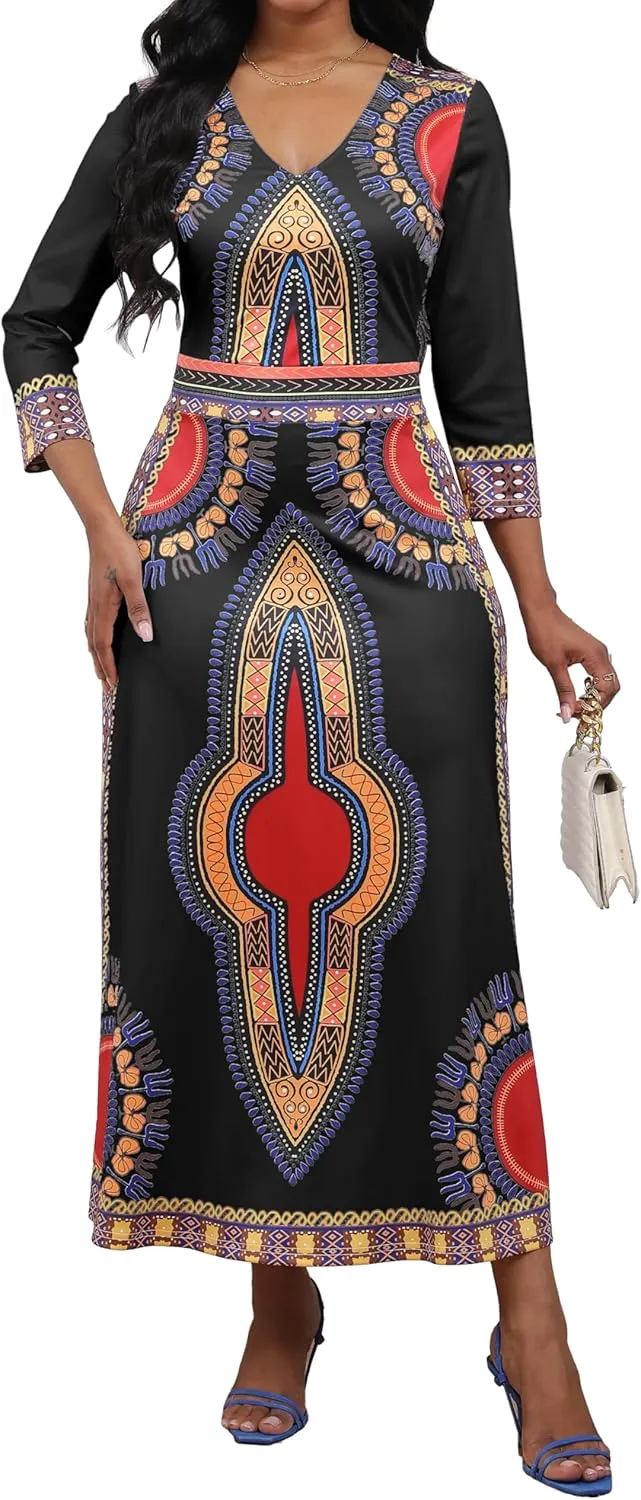 African Dresses for Women Elegant V Neck 3/4 Sleeve Casual Long Maxi African Attire Dress
