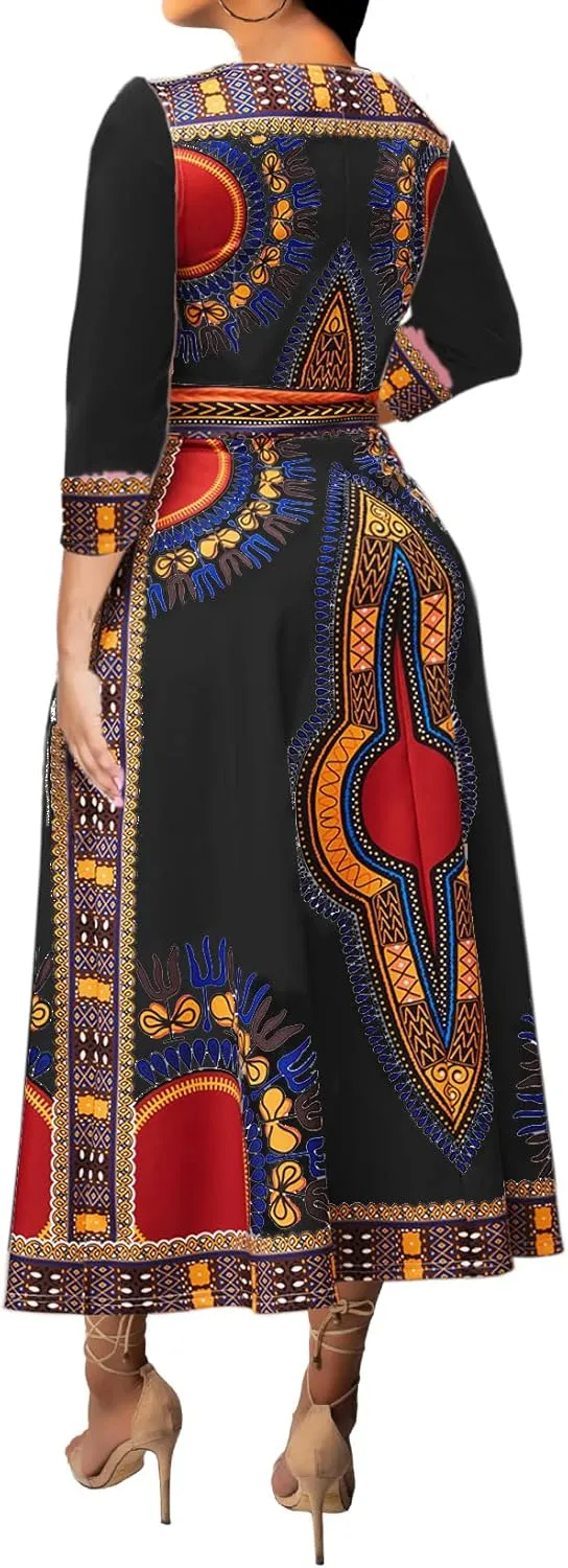 African Dresses for Women Elegant V Neck 3/4 Sleeve Casual Long Maxi African Attire Dress