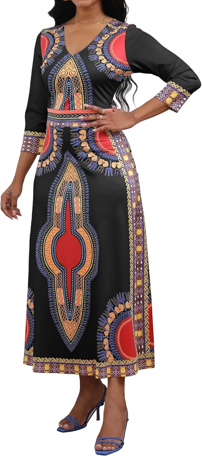 African Dresses for Women Elegant V Neck 3/4 Sleeve Casual Long Maxi African Attire Dress