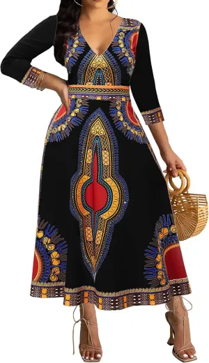 African Dresses for Women Elegant V Neck 3/4 Sleeve Casual Long Maxi African Attire Dress
