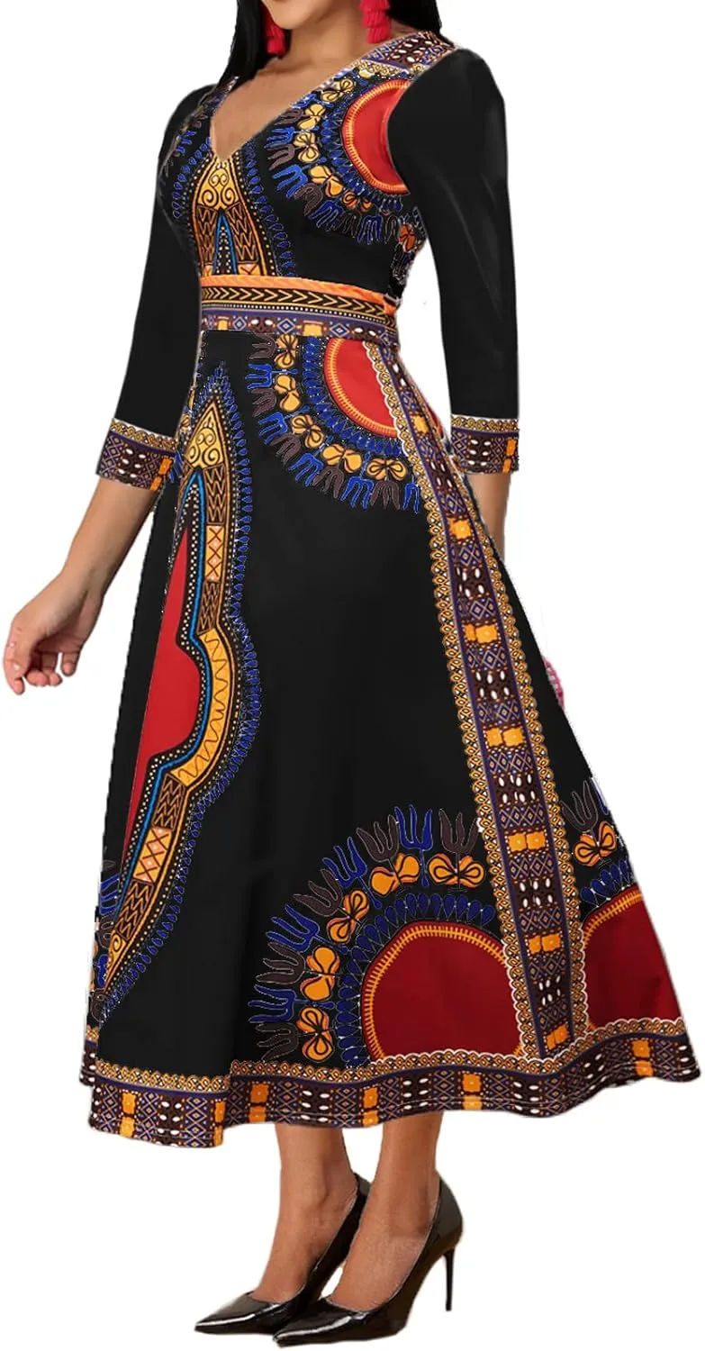 African Dresses for Women Elegant V Neck 3/4 Sleeve Casual Long Maxi African Attire Dress