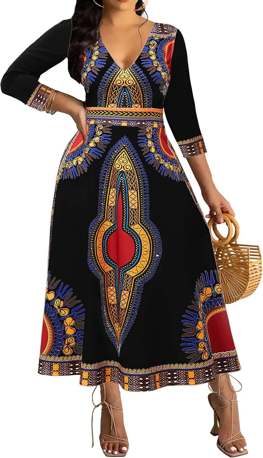 African Dresses for Women Elegant V Neck 3/4 Sleeve Casual Long Maxi African Attire Dress