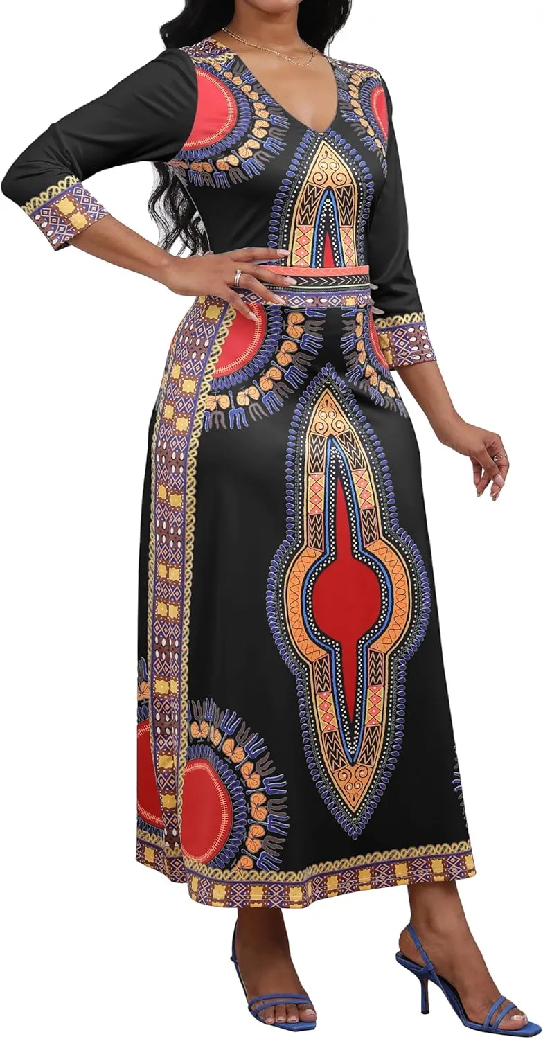 African Dresses for Women Elegant V Neck 3/4 Sleeve Casual Long Maxi African Attire Dress