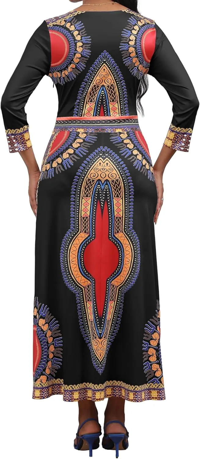 African Dresses for Women Elegant V Neck 3/4 Sleeve Casual Long Maxi African Attire Dress