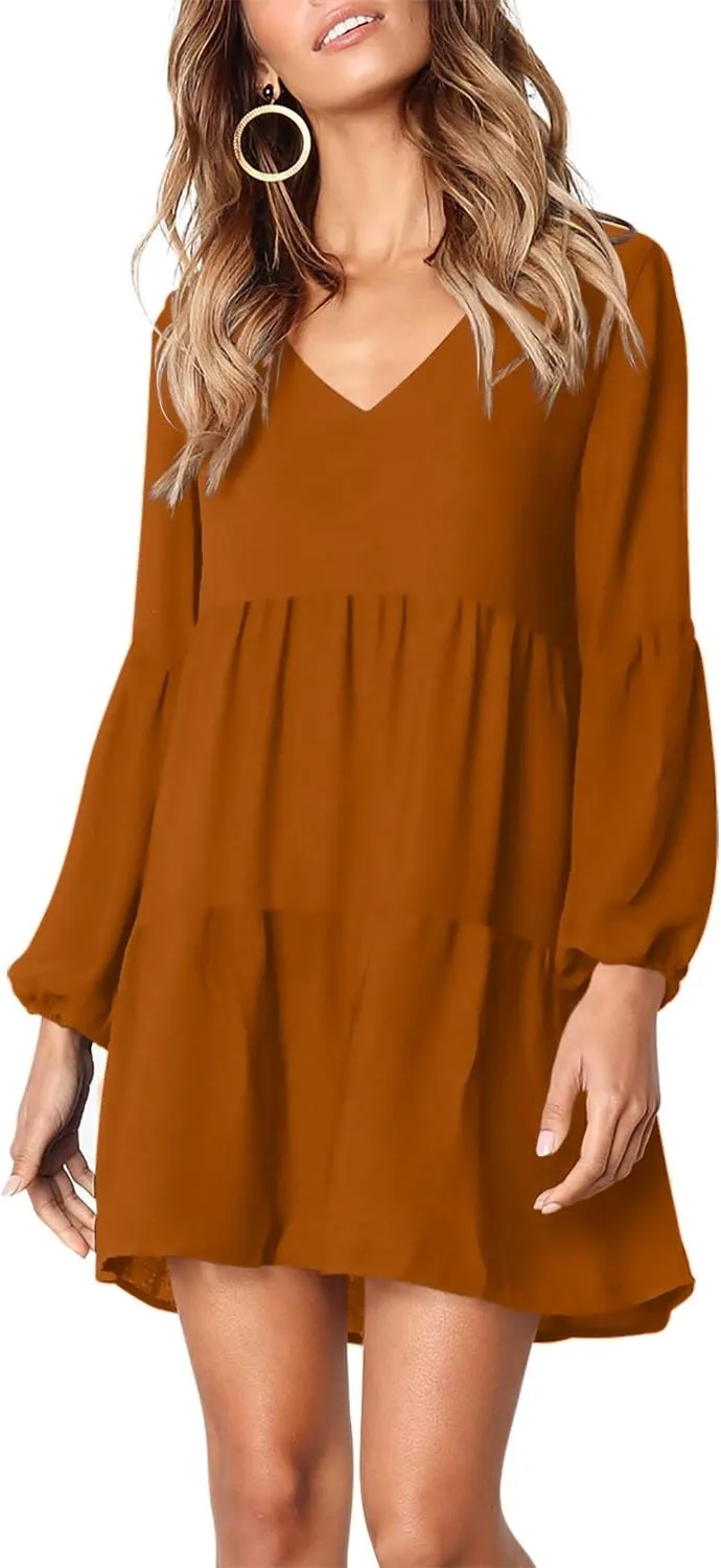 Amoretu Womens Tunic Dress Long Sleeve V Neck Casual Loose Flowy Swing Shift Dresses