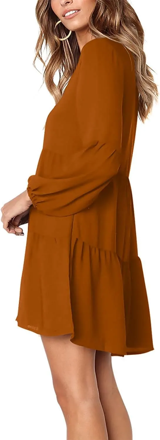 Amoretu Womens Tunic Dress Long Sleeve V Neck Casual Loose Flowy Swing Shift Dresses