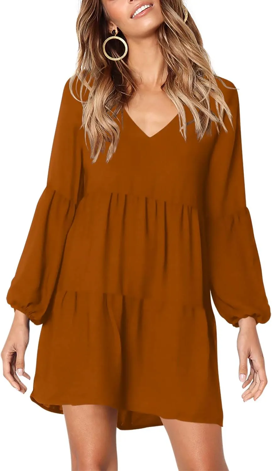 Amoretu Womens Tunic Dress Long Sleeve V Neck Casual Loose Flowy Swing Shift Dresses