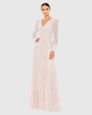 Beaded Lace Long Sleeve Wrap Over Gown - Pink