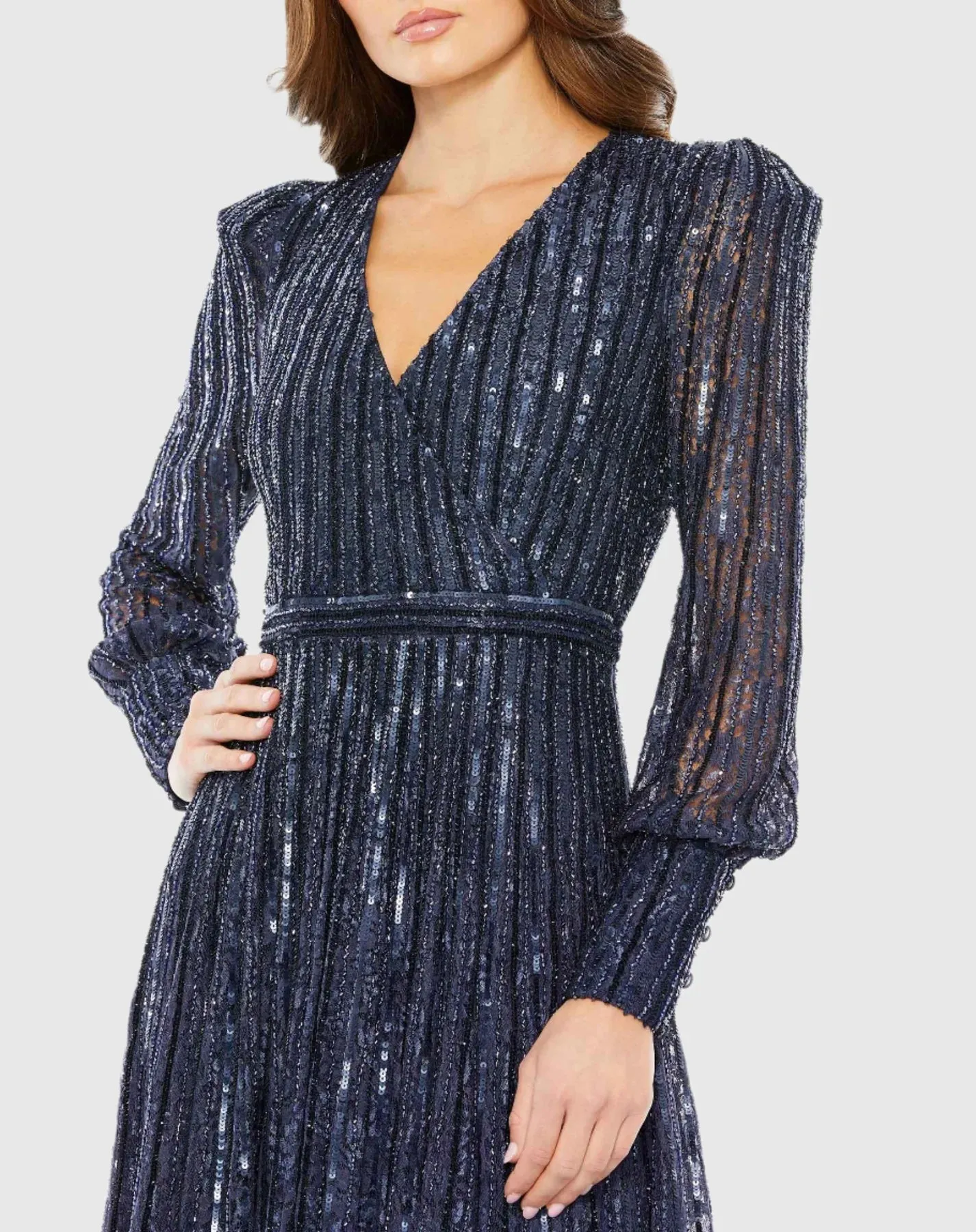 Beaded Lace Long Sleeve Wrap Over Gown - Pink