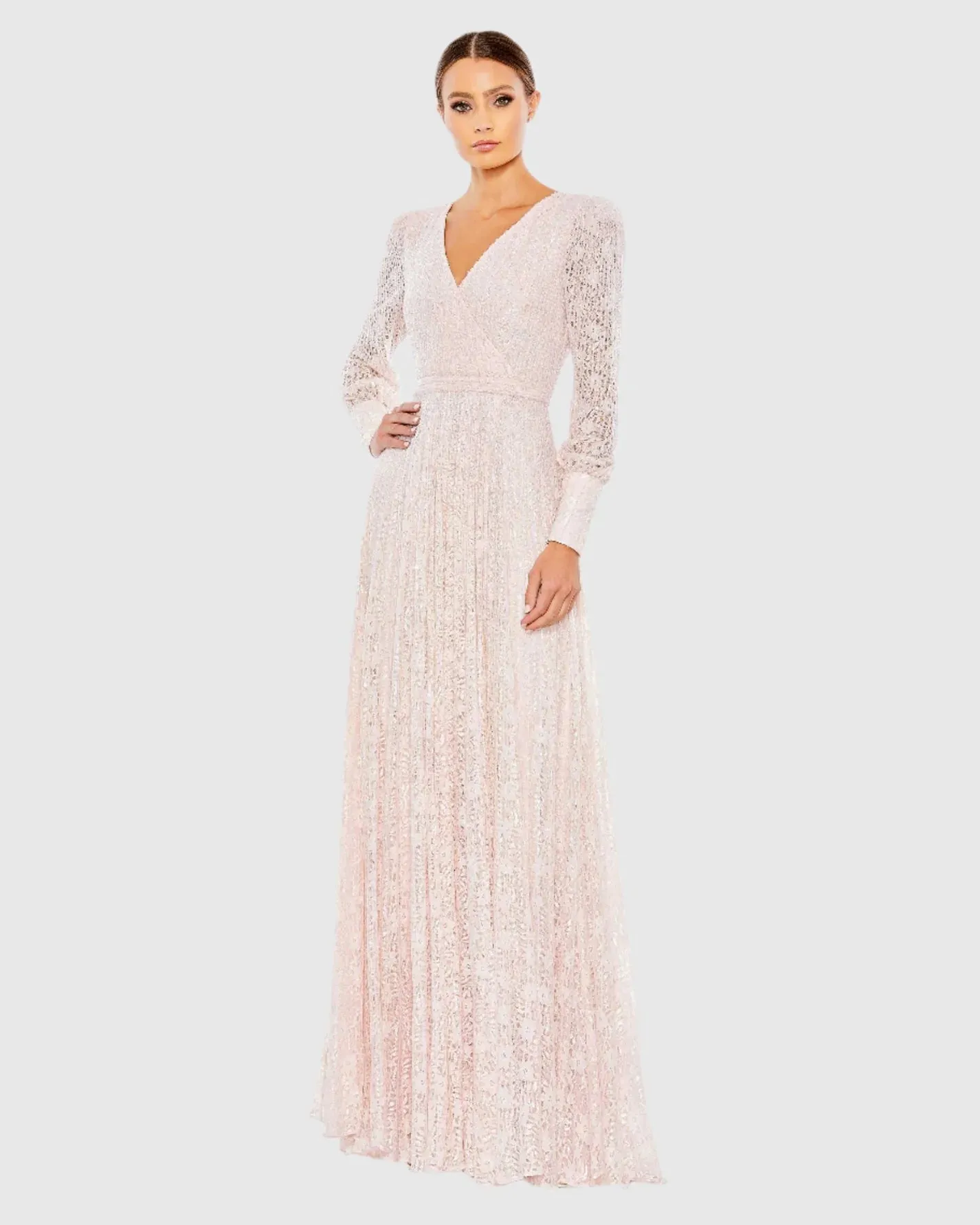 Beaded Lace Long Sleeve Wrap Over Gown - Pink