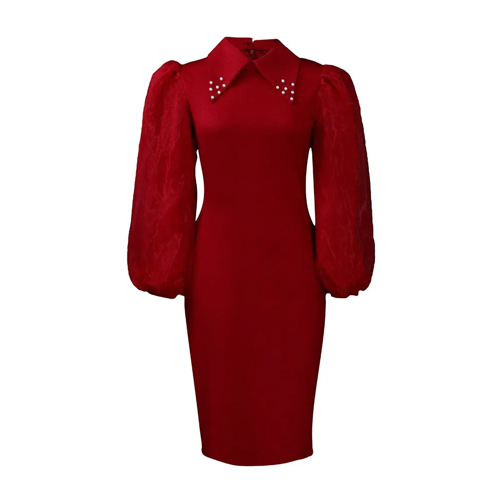 Beaded Mesh Patchwork Commuter Pencil Long Sleeve Dress