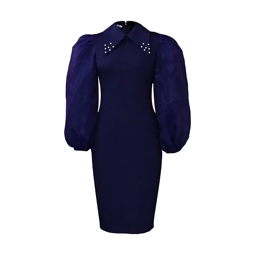 Beaded Mesh Patchwork Commuter Pencil Long Sleeve Dress