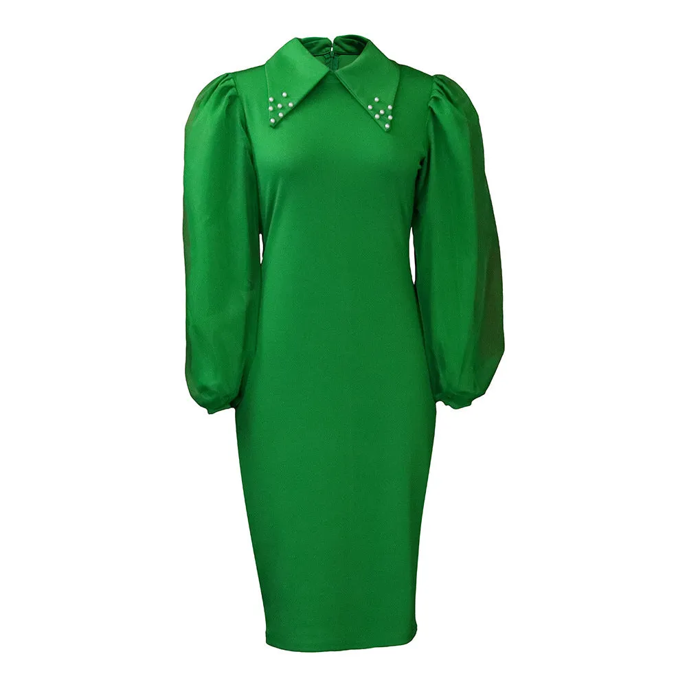 Beaded Mesh Patchwork Commuter Pencil Long Sleeve Dress