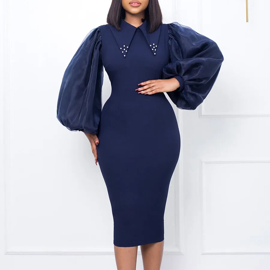 Beaded Mesh Patchwork Commuter Pencil Long Sleeve Dress