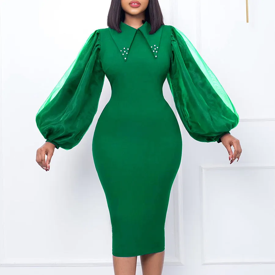 Beaded Mesh Patchwork Commuter Pencil Long Sleeve Dress