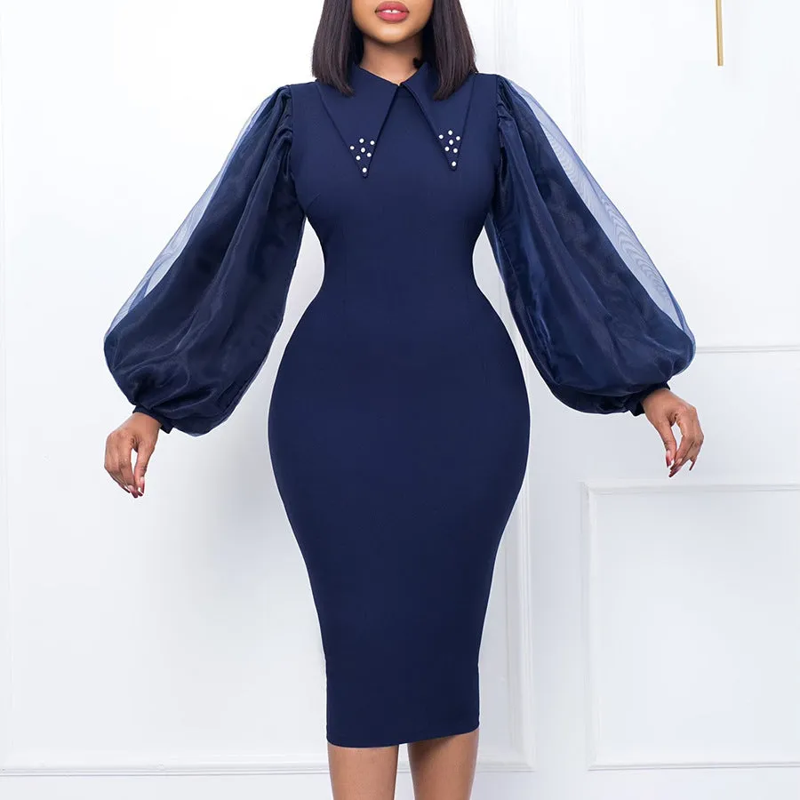 Beaded Mesh Patchwork Commuter Pencil Long Sleeve Dress