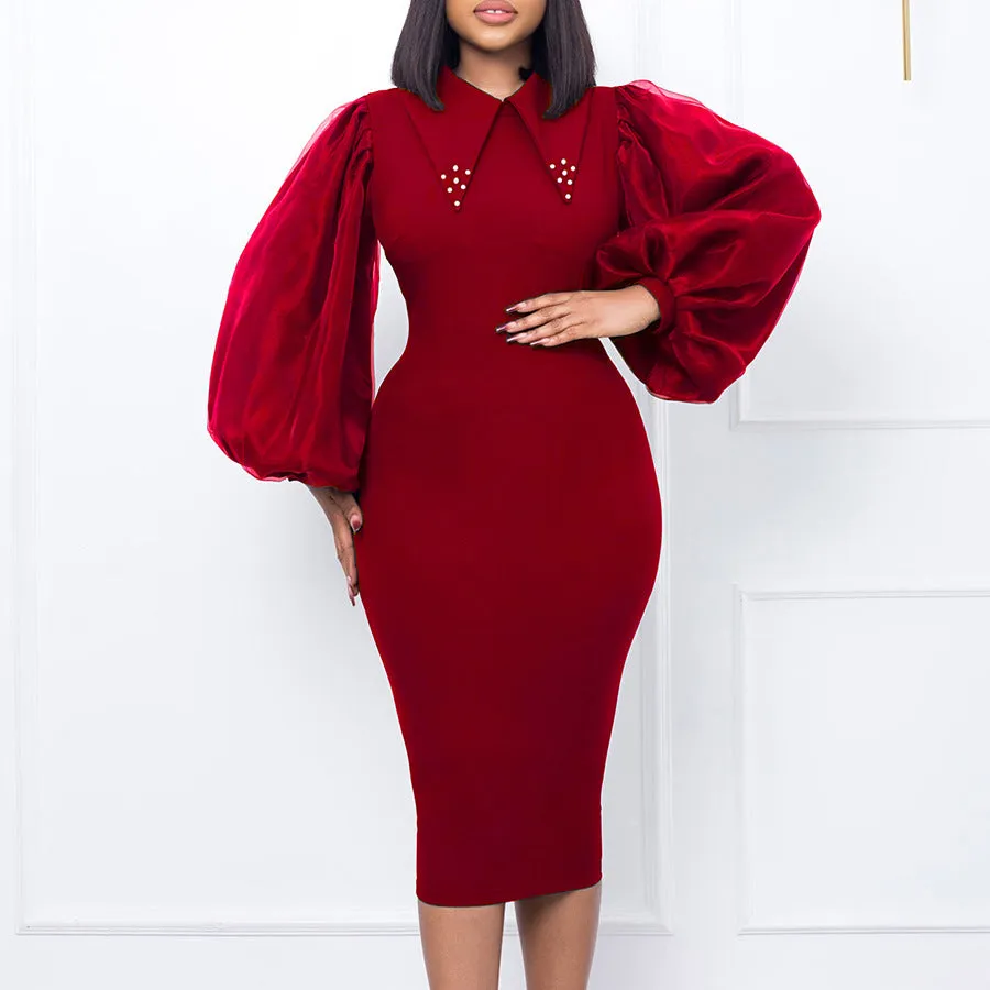 Beaded Mesh Patchwork Commuter Pencil Long Sleeve Dress
