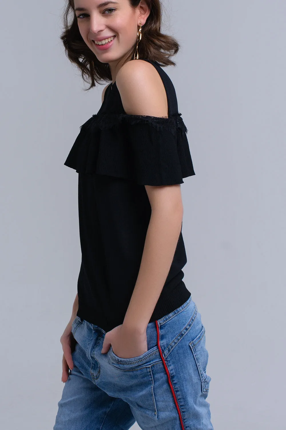 Black cold shoulder sweater with ruffle and lace