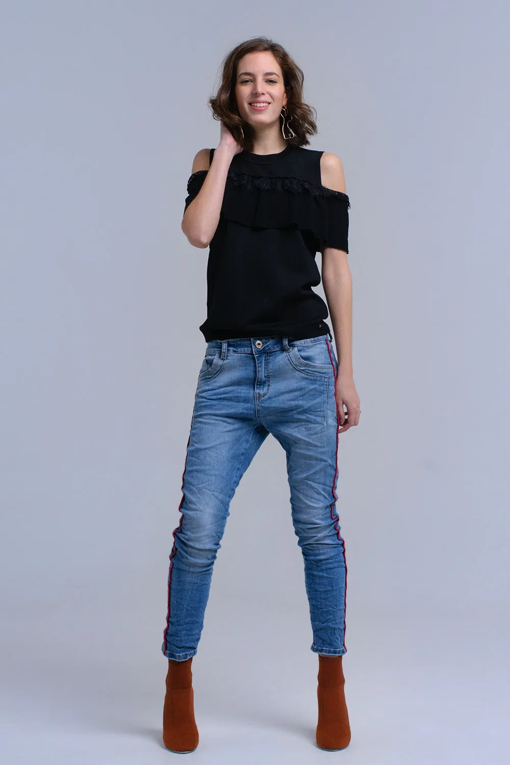 Black cold shoulder sweater with ruffle and lace