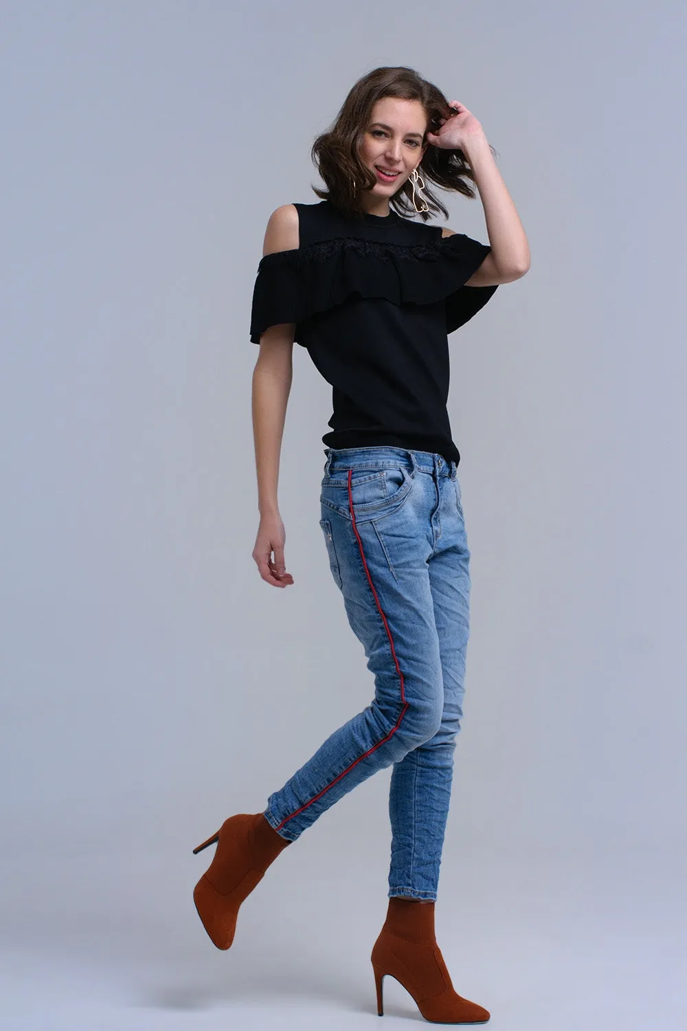 Black cold shoulder sweater with ruffle and lace