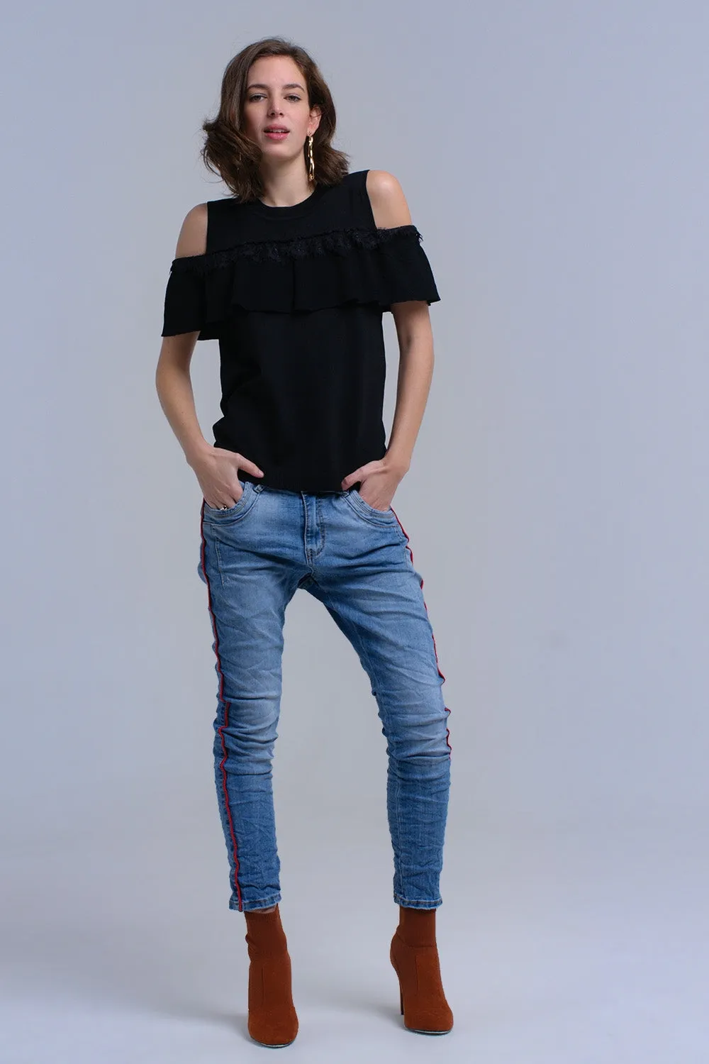 Black cold shoulder sweater with ruffle and lace
