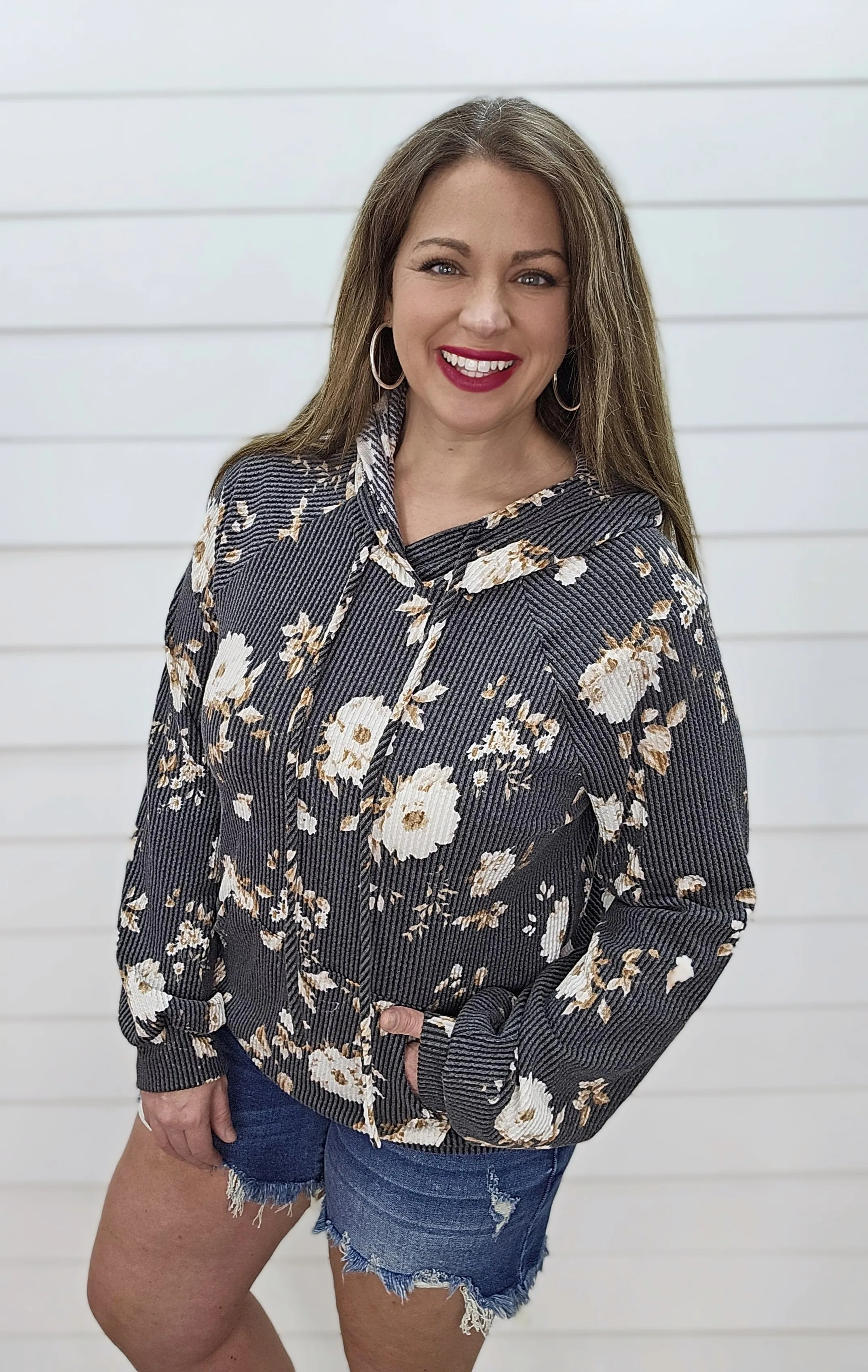 BLACK/CREAM/MOCHA FLORAL RAISED RIBBED HOODIE