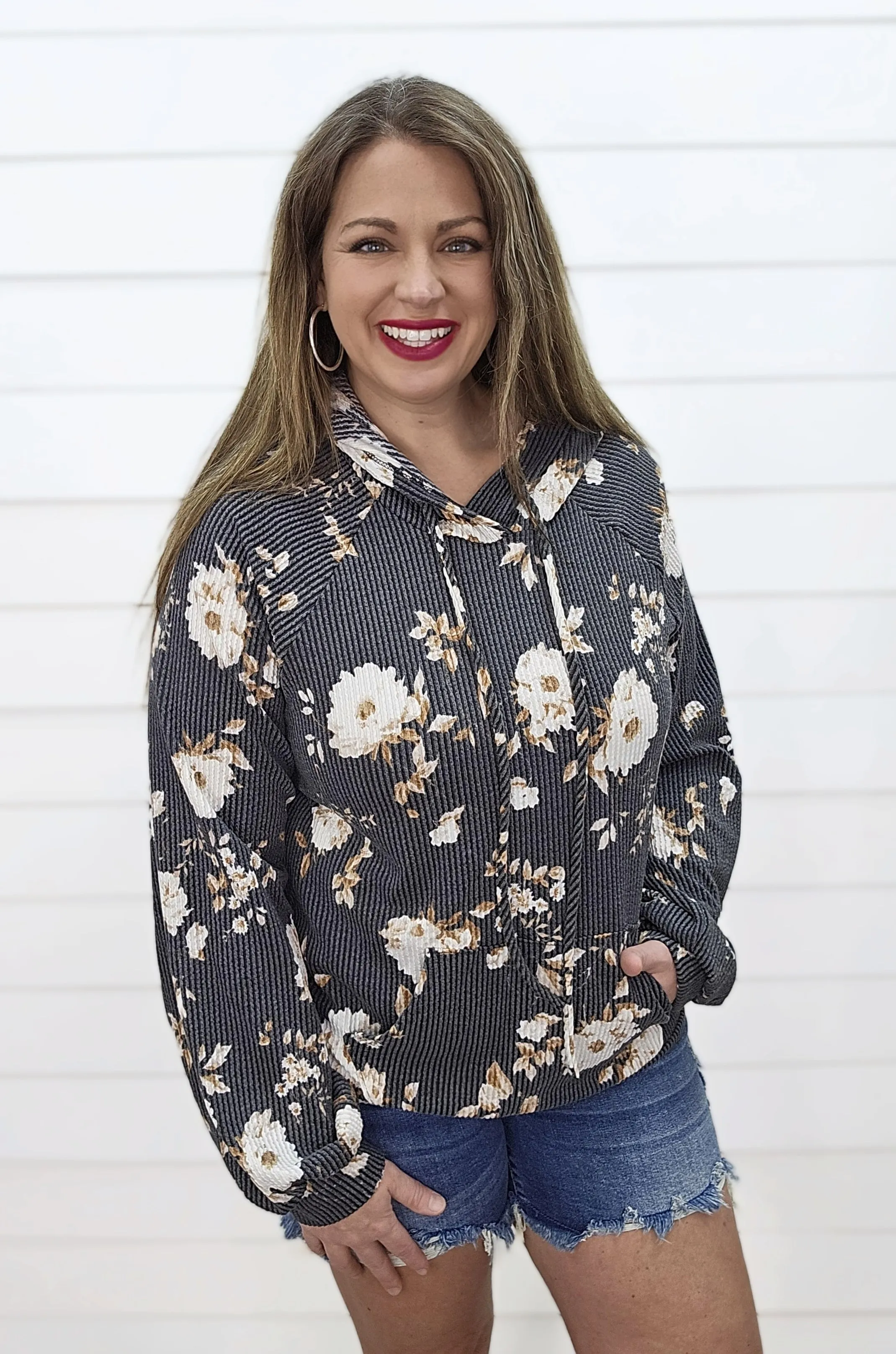 BLACK/CREAM/MOCHA FLORAL RAISED RIBBED HOODIE