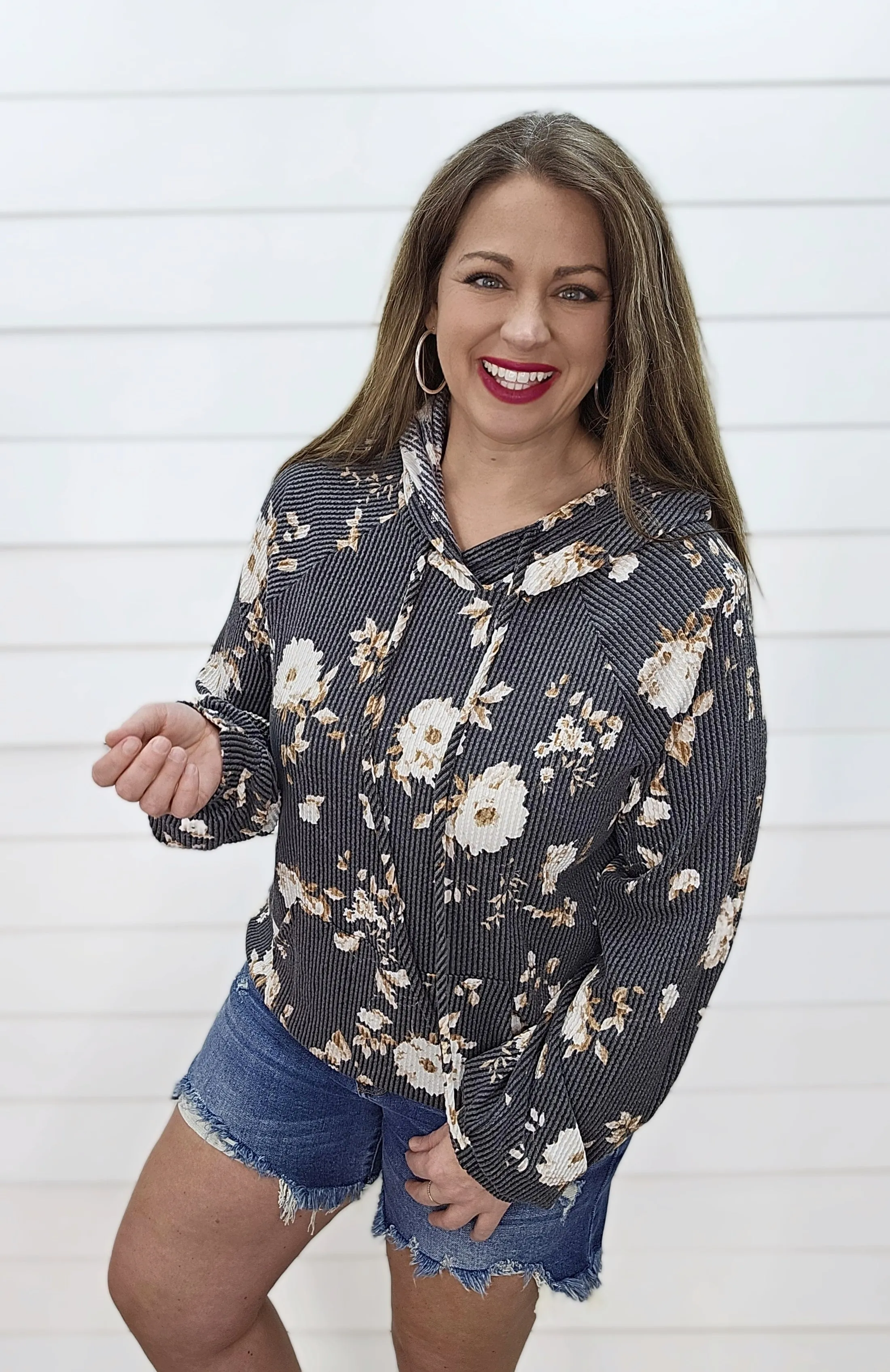 BLACK/CREAM/MOCHA FLORAL RAISED RIBBED HOODIE