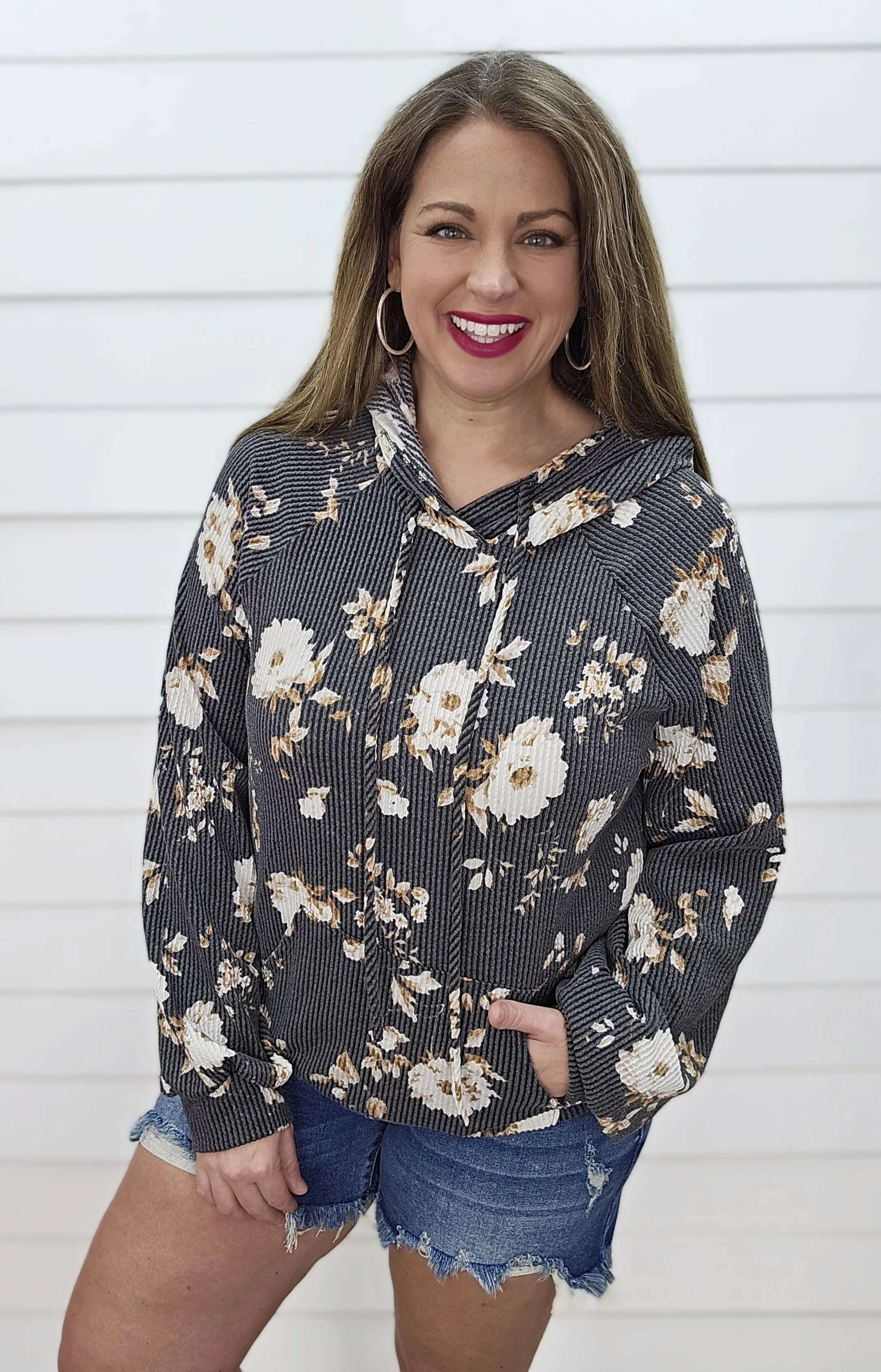BLACK/CREAM/MOCHA FLORAL RAISED RIBBED HOODIE