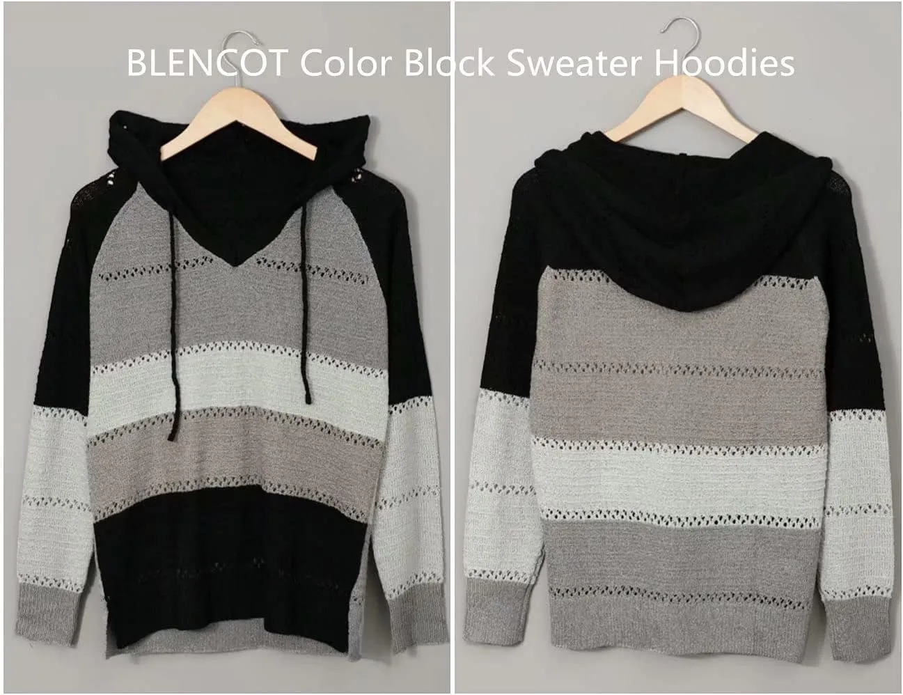 BLENCOT Women Color Block Hooded Crochet Striped Sweaters Lightweight Drawstring Hoodies Pullover Trendy Sweatshirts