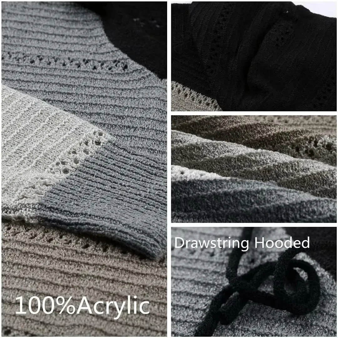 BLENCOT Women Color Block Hooded Crochet Striped Sweaters Lightweight Drawstring Hoodies Pullover Trendy Sweatshirts