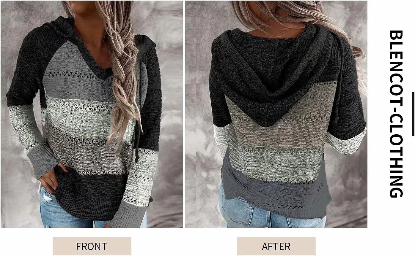 BLENCOT Women Color Block Hooded Crochet Striped Sweaters Lightweight Drawstring Hoodies Pullover Trendy Sweatshirts