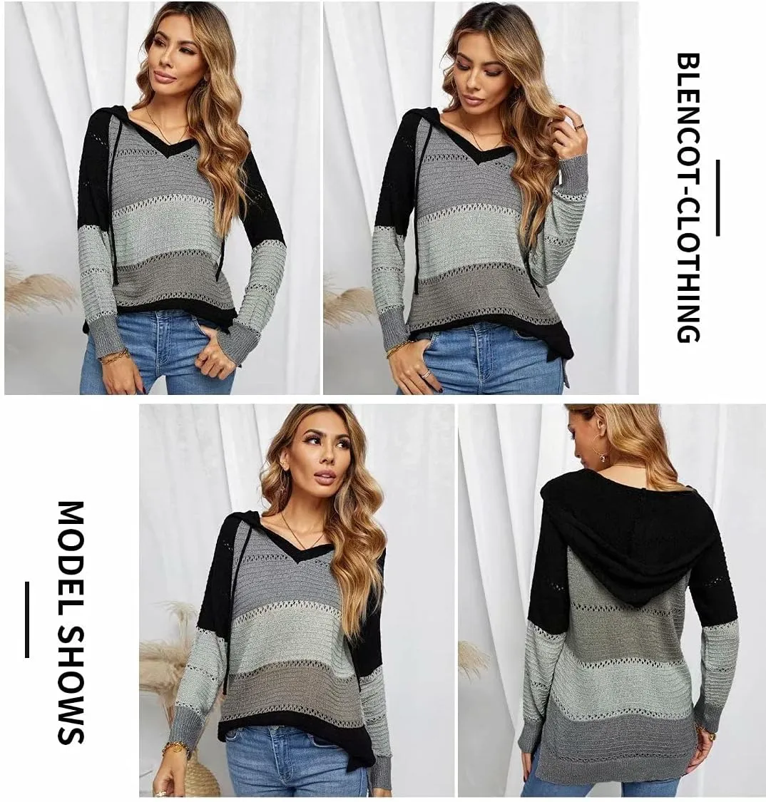 BLENCOT Women Color Block Hooded Crochet Striped Sweaters Lightweight Drawstring Hoodies Pullover Trendy Sweatshirts