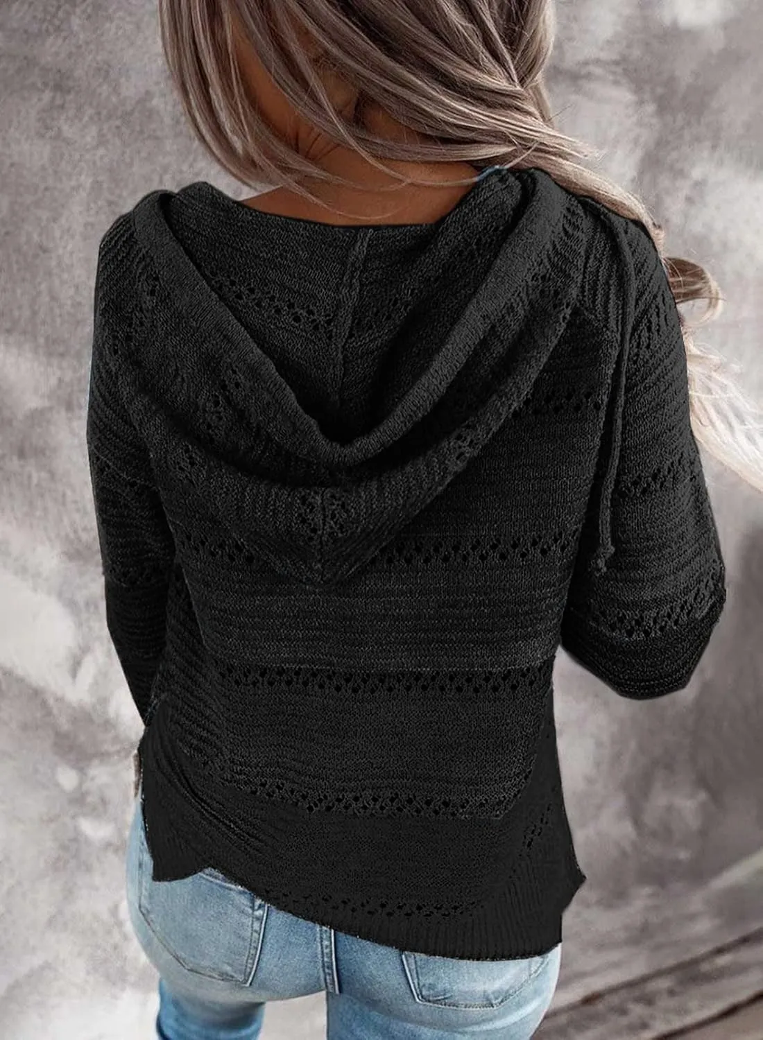BLENCOT Women Color Block Hooded Crochet Striped Sweaters Lightweight Drawstring Hoodies Pullover Trendy Sweatshirts