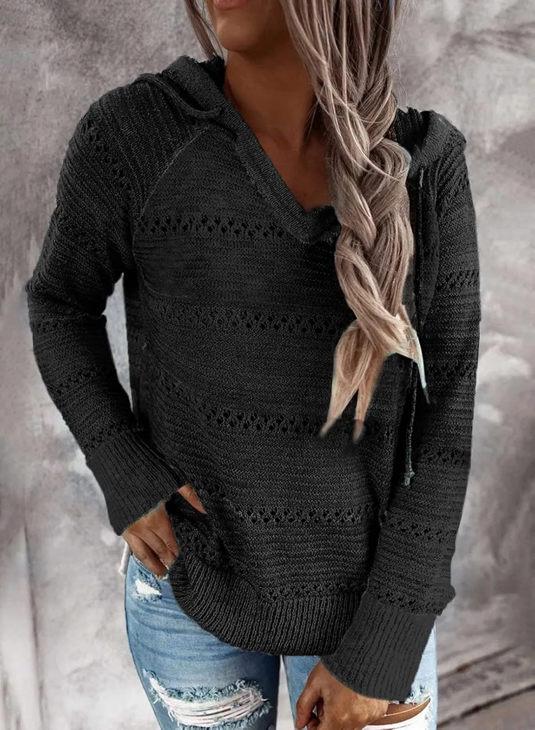 BLENCOT Women Color Block Hooded Crochet Striped Sweaters Lightweight Drawstring Hoodies Pullover Trendy Sweatshirts