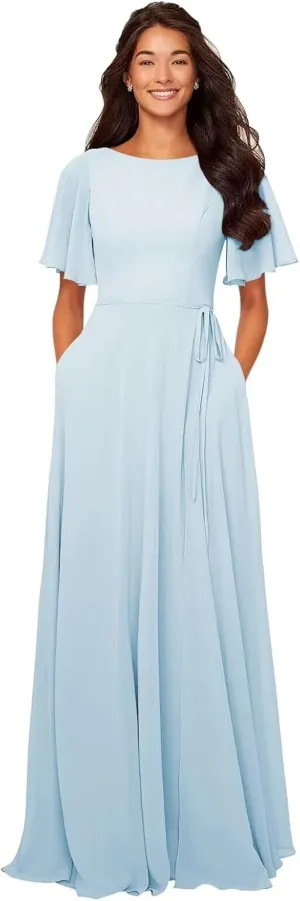 Boat Neck Flutter Sleeves Bridesmaid Dress with Sash A-line Chiffon Floor Length Formal Evening Gown with Pockets Light Blue Plus Size 24w