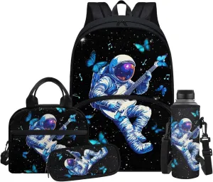 Butterfly Astronaut School Backpacks for Teens Boys School Backpack with Lunchbox Lightweight Kids Book Bag with Front Pocket Large Capacity Bookbag for Elementary Boys