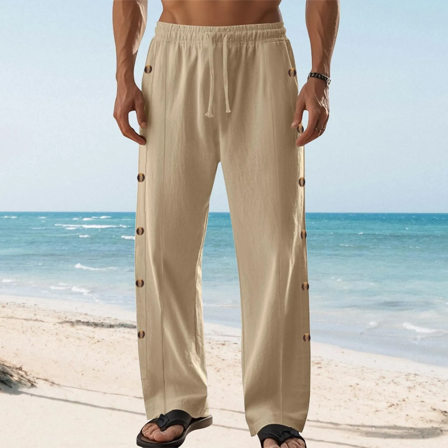 Casual Linen Pants for Men Side Button Elastic Waist Trousers Drawstring Open Bottom Pants Summer Baggy Thin Trousers