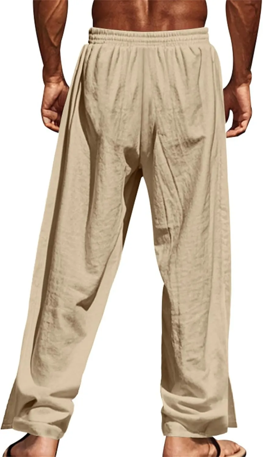 Casual Linen Pants for Men Side Button Elastic Waist Trousers Drawstring Open Bottom Pants Summer Baggy Thin Trousers