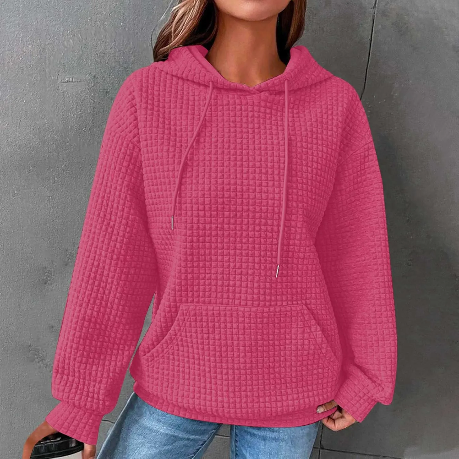 Ceboyel Women Waffle Knit Cute Hoodies Drawstring Pullover Sweatshirts Fashion Casual Sweaters Comfy Fall Clothes Outfits