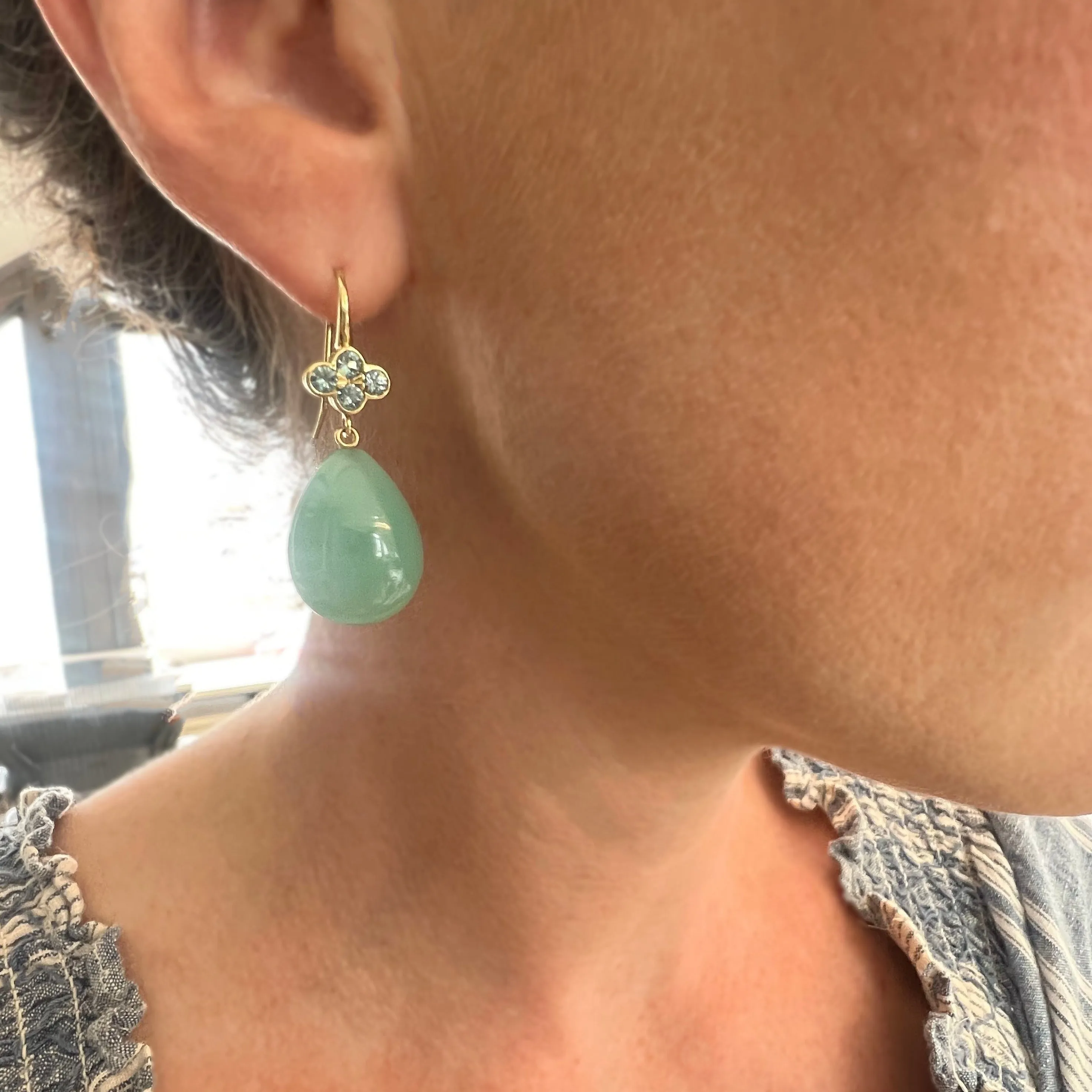 Chalcedony Earrings with Green Sapphire Clover Tops