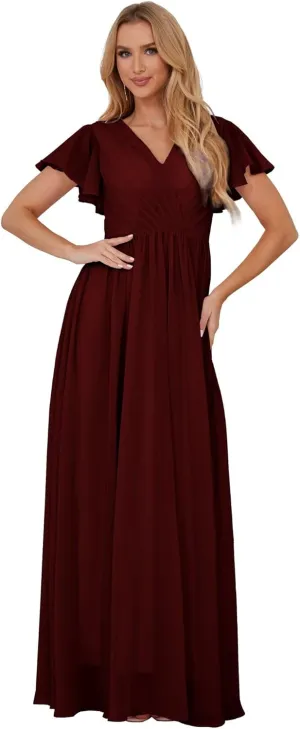 Chiffon Bridesmaid Dress V Neck Flutter Sleeves Formal Dresses Maxi Evening Gowns for Women