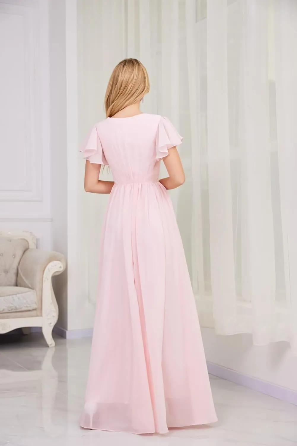 Chiffon Bridesmaid Dress V Neck Flutter Sleeves Formal Dresses Maxi Evening Gowns for Women