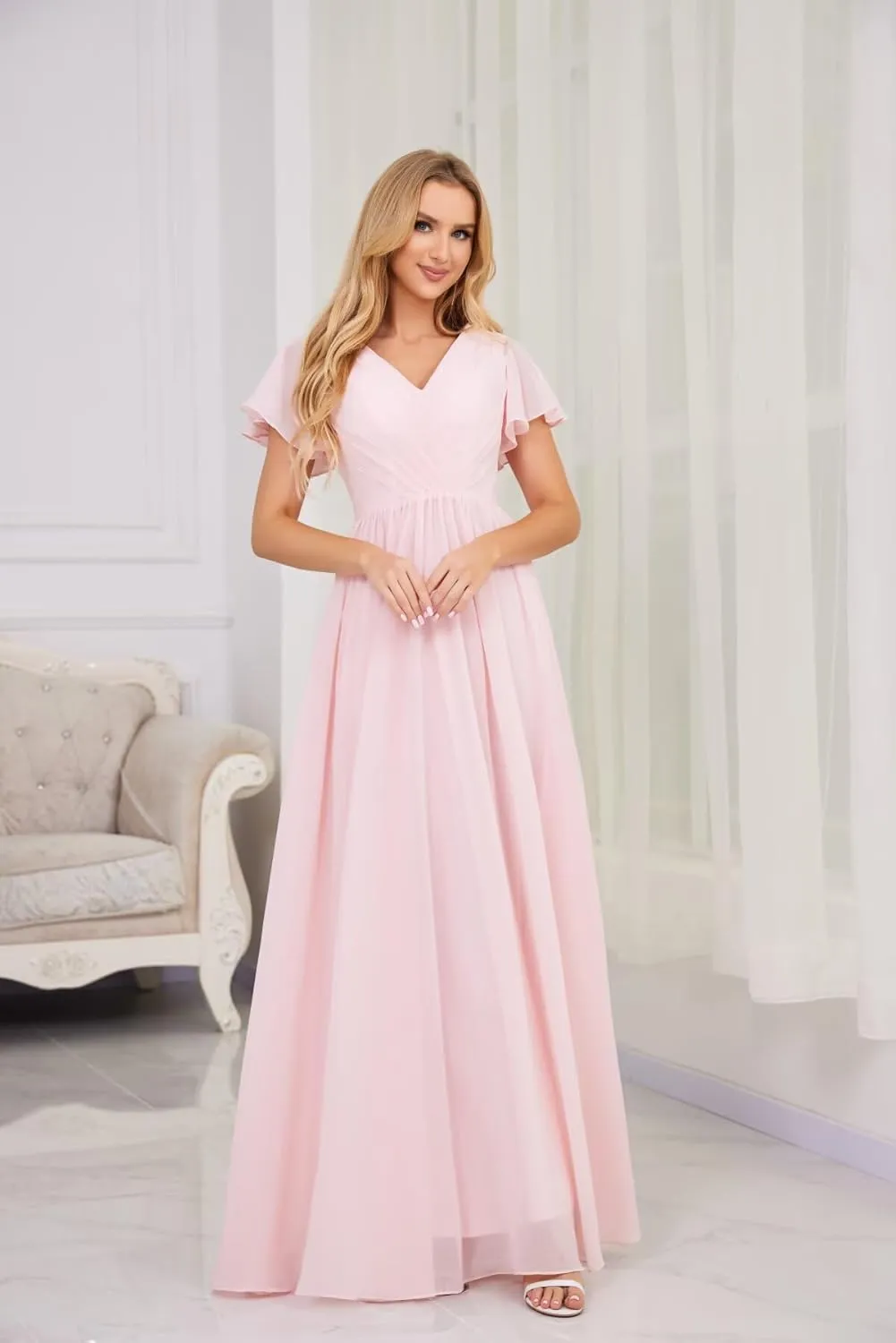 Chiffon Bridesmaid Dress V Neck Flutter Sleeves Formal Dresses Maxi Evening Gowns for Women