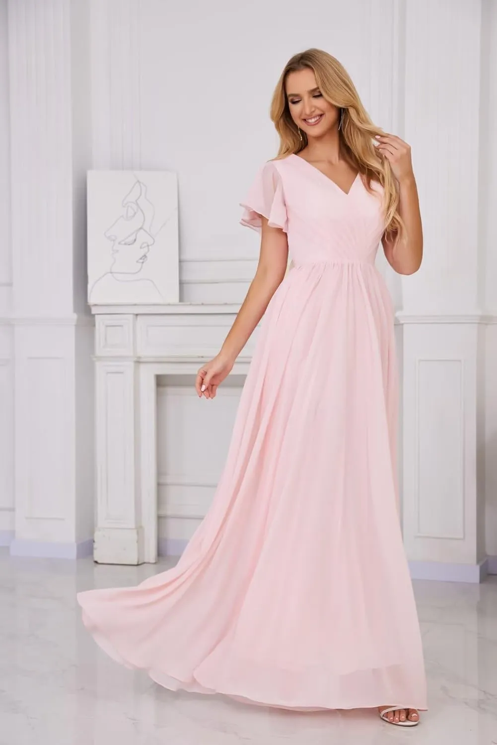 Chiffon Bridesmaid Dress V Neck Flutter Sleeves Formal Dresses Maxi Evening Gowns for Women