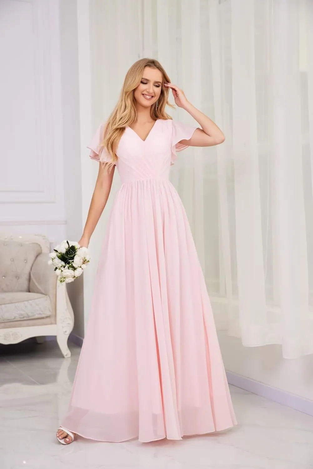 Chiffon Bridesmaid Dress V Neck Flutter Sleeves Formal Dresses Maxi Evening Gowns for Women